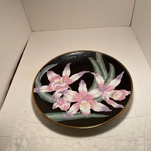 Vintage Oriental Dish 12.5” Diameter. Black Background With Pink Orchids